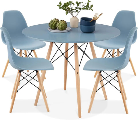 5-Piece Dining Set, Compact Mid-Century Modern Table & Chair Set for Home, Apartment w/ 4 Chairs, Plastic Seats, Wooden Legs