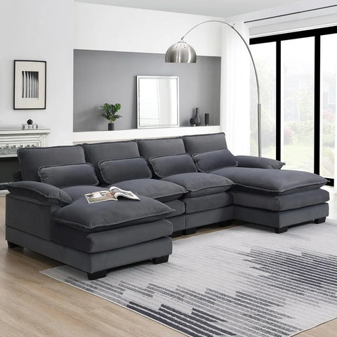 109.8“ Sectional Sofa Cloud Couch for Living Room, Modern Velvet Large Overstuffed U Shaped Couch, Comfy Modular Sofa Sleeper