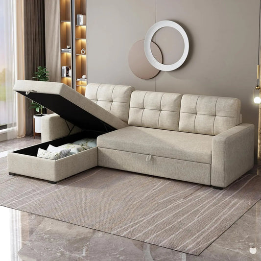 L-Shape Upholstered Sectional Sofa with Storage Chaise & Pull,Convertible Couch W/ 3 Back Cushions,Reversible Sleeper