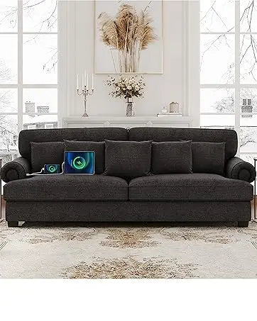 85in Sofa, 3 Seater Couch with 2 USB Charging Ports and Extra deep Seat, Sofa Couches for Living Room, Wide Rolled Arms, Grey