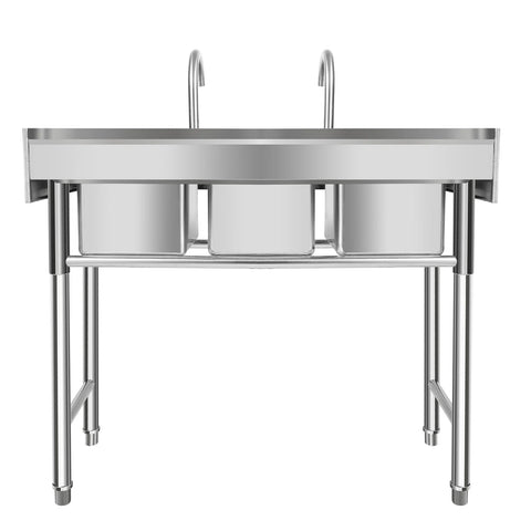 3 Compartment Freestanding Stainless Steel Utility Sink Commercial Kitchen Sink Laundry Basin with 2 Hot Cold Faucets + 3 Drains