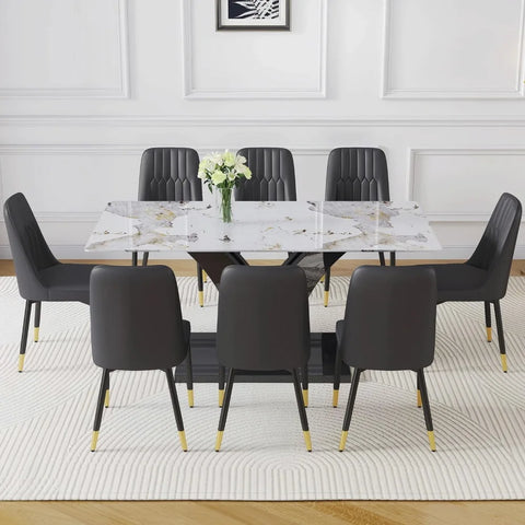 Modern Dining Room Table Set for 6, Faux Marble Kitchen Table and 6 PU Leather Chairs, 67” Rectangular Tempered Glass Table Set