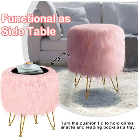 Stool and ottoman dressing chair with storage space, high round faux fur footstool with 4 gold legs, puffed chair dressing stool