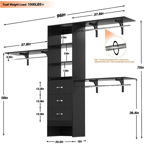 Armocity 96 Inches Closet System, 8FT Walk in Closet Organizer with 3 Shelving Towers, Heavy Duty Clothes Rack with 3 Drawers, B