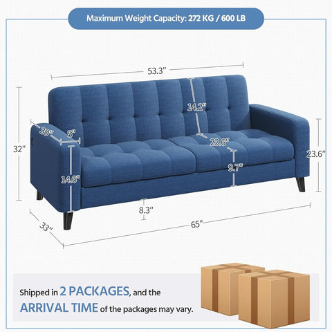 2-Seater Fabric Sofas with USB Ports Modern 65″  Small Couch with Solid Wood Legs for Living Room Apartment Bedroom Office Blue