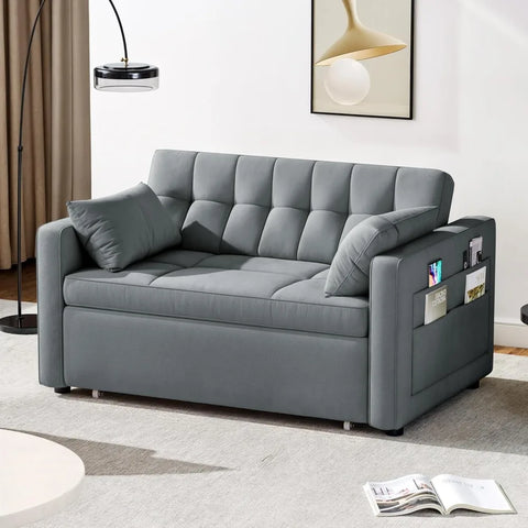 Sofa Bed, 55-Inch, Convertible Sofas Bed, 3-in-1 Combo, Velvet Futon with Tiltable Back and Side Pockets, Sofa Sleeper