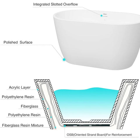 47" Bali Acrylic Freestanding Bathtub, Graceful Shape, cUPC, Toe-Tap Drain, Linear Overflow