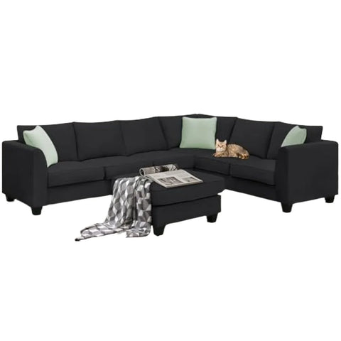 Living sofa,Modern Large U, 7 Seat Fabric Set with Movable Ottoman, L Shape Sectional Sofa Corner Couch with 3 Pillows