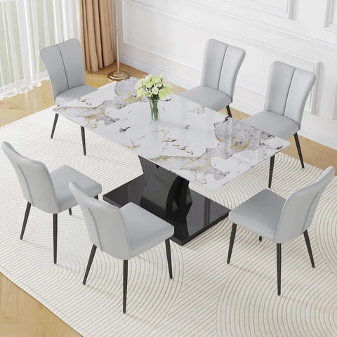 Modern Dining Room Table Set for 6, Faux Marble Kitchen Table and 6 PU Leather Chairs, 67” Rectangular Tempered Glass Table Set