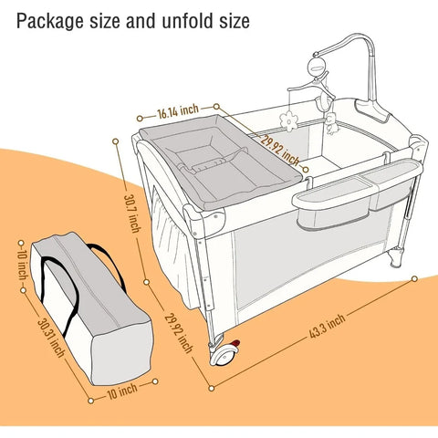 5 in 1 Baby Crib, Bedside Cribs, Pack and Play with Bassinet and Changing Table, Portable Travel Baby Playpen with Toys & Music