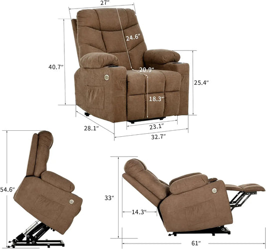 Electric Power Lift Recliner Chair for Elderly, Fabric Recliner Chair with Massage and Heat, Spacious Seat, USB Ports,