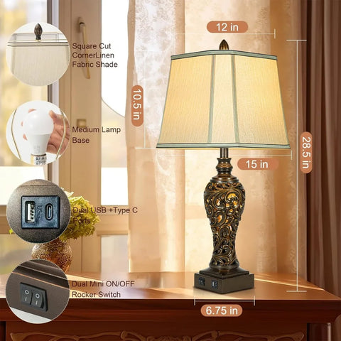 28.5" high Vintage Brown Table Lamps Set of 2 - Bedside Lamp with Faux Silk Shades Perfect for  Bedrooms (Led Bulb Included)