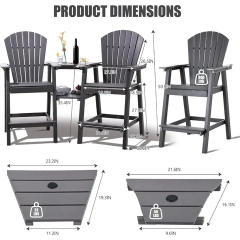 Tall Adirondack Chairs Set of 2,Recycled Poly Balcony Chair with Double Connecting Tray Patio Stools Weather Resistant Navy Blue