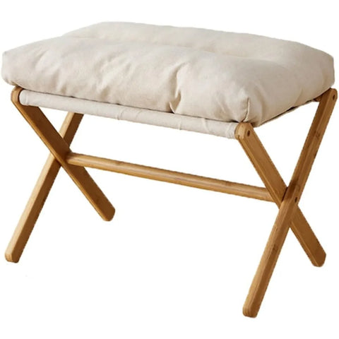 Folding Upholstered Footstool, Beige Footstool with Thick Cotton Padding and Bamboo X-shaped Legs, Modern Upholstered Ottoman