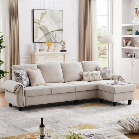 112" Sectional Sofa, 4-seat L-shaped couch, reversible ottoman, wooden legs, modern polyester upholstery, beige, for LR/apt