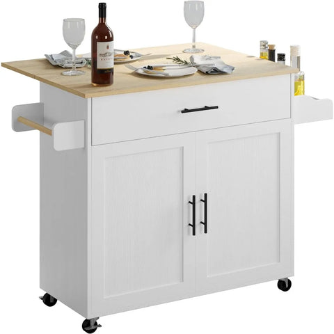 IRONCK Rolling Kitchen Island Table on Wheels with Drop Leaf, Storage Cabinet, Drawer, Spice Rack, Towel Rack, Kitchen Cart