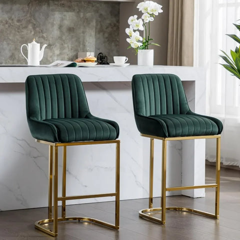 Modern Counter Height Bar Stools Set of 2 Green Bar Stools with Back/Gold Legs Upholstered Velvet Barstools 26''