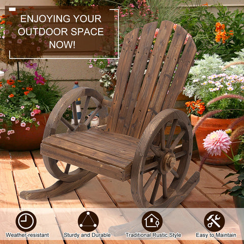 Rustic Wood Adirondack Rocking Patio Chair w/ Slatted Design, Wheel Armrests