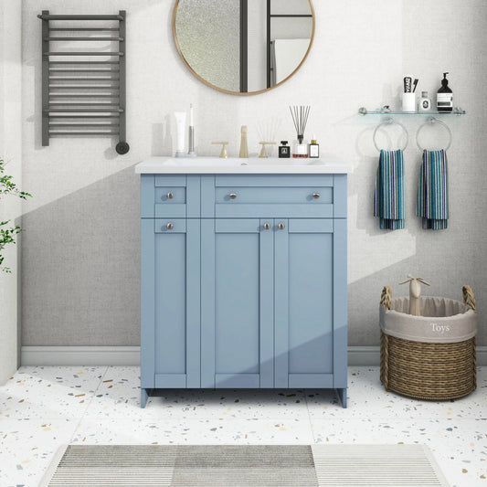 Modern 30-Inch Bathroom Vanity Cabinet with Easy-to-Clean Resin Integrated Sink in Blue