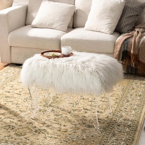 Ottoman Footstool, Modern Style White Faux Fur Dressing Stool with Acrylic Legs Decorative Bench for Bedroom, Footstool