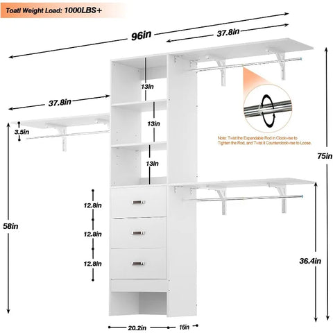 Armocity 96 Inches Closet System, 8FT Walk in Closet Organizer with 3 Shelving Towers, Heavy Duty Clothes Rack with 3 Drawers, B