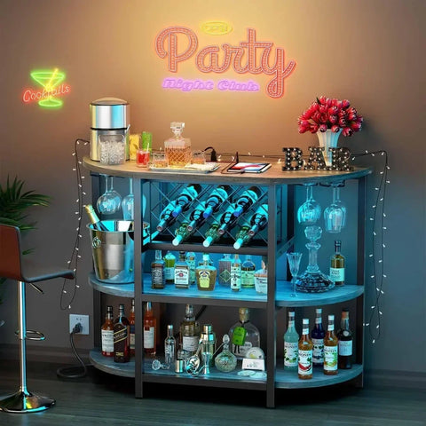 Bar table cabinet with power socket, LED household mini bar cabinet, metal bar rack with 4 layers of storage, easy to assemble