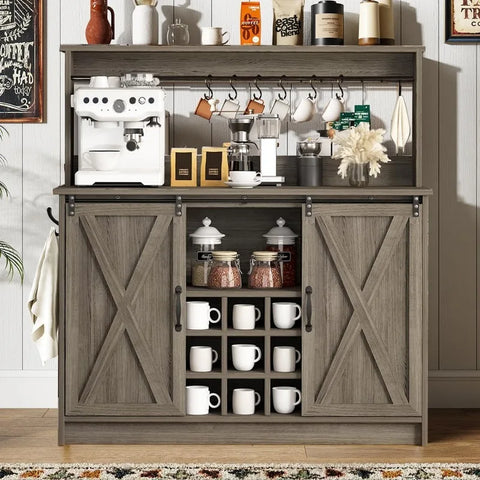 4ever2buy Farmhouse Coffee Bar Cabinet with 6 Hooks, White Coffee Bar with Storage, Kitchen Buffet Cabinet with Adjustable Shelv