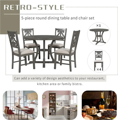 5-Piece Round Dining Table and Chair Set, Round Dining Table with Shelf, Wood Table Set for Family Dining Area