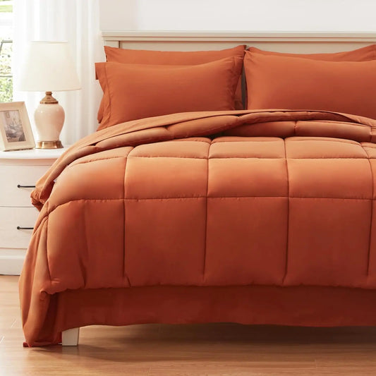 Anluoer Queen Comforter Set 7 Piece, Burnt Orange Bed in a Bag with Sheets, All Season Terracotta Bedding Comforter Sets