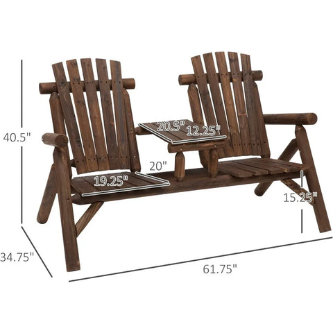 Outsunny 2-Seat Wooden Adirondack Chair, Patio Bench with Table, Outdoor Loveseat Fire Pit Chair for Porch, Backyard