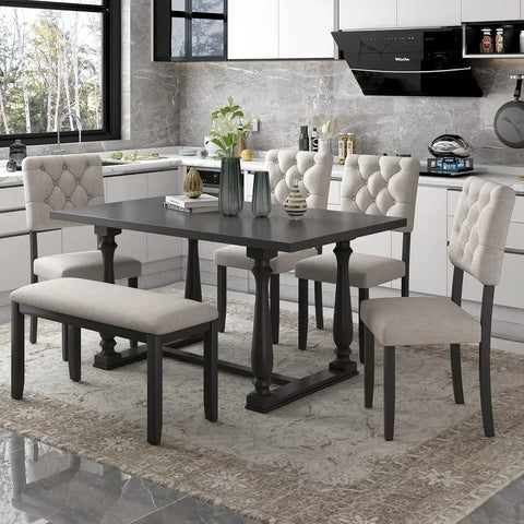 6 - Piece Dining Table Set, Includes Dining Table and 4 Upholstered Chairs & Bench, Kitchen Tables Set, Dining Tables Set