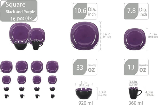 Stoneware Square 16pc Dinnerware Set, Inside Shiny Purple and Outside Matte