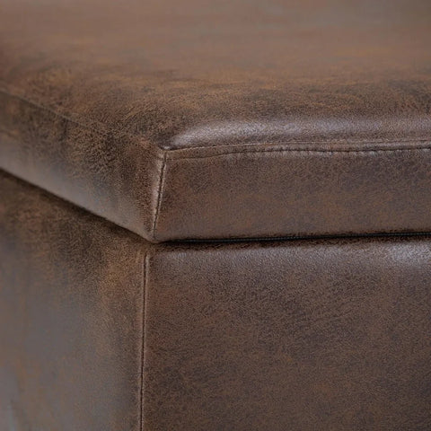 Ottoman,34 Inch Wide Lift Top Storage In Upholstered Distressed Chestnut Brown Faux Leather, Stool Chair