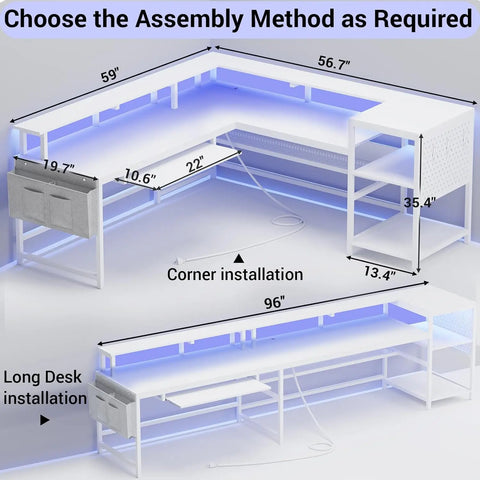 L Shaped Gaming Desk, Reversible Computer Desk, Gaming Desk with Power Outlets & LED Strip, Black