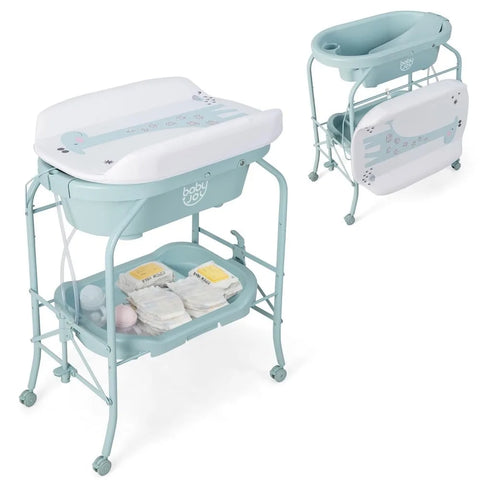 BABY JOY Baby Bathtub with Changing Table, Foldable Infant Diaper Changing Station with Storage Tray, Waterproof Pad, Portable