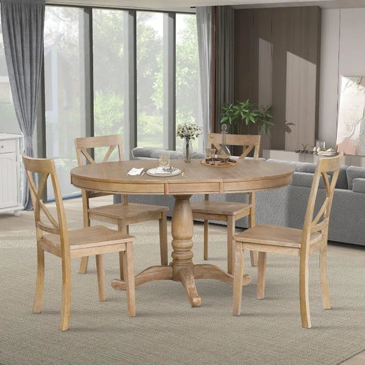 5-Piece Round Dining Table and Chair Set, Round Dining Table with Shelf, Wood Table Set for Family Dining Area