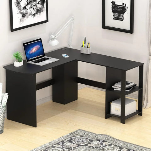 L-shaped home office, wooden corner desk, black computer desk