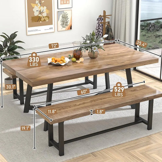 72"Large Solid Wood Dining Table for 4 5 6People,6FT Waterproof Rectangular Brown Kitchen Dinner Tables w/Adjustable Heavy Duty