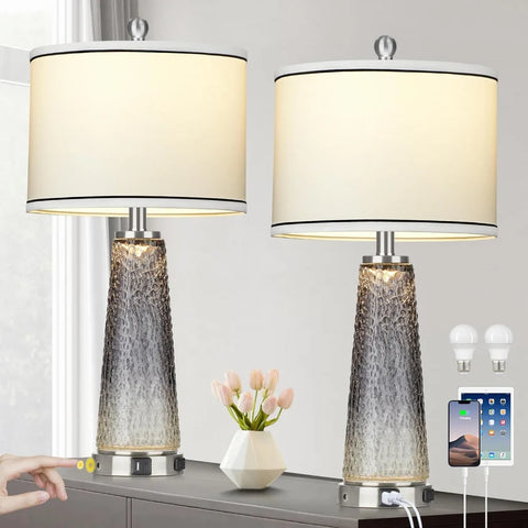 Glass Table Lamps for Living Room, 26" Modern Table Lamps with USB A+C Ports & AC Outlet, Touch Control Bedside Nightstand