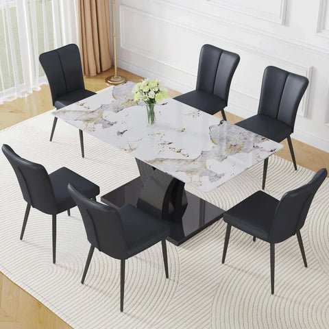 Modern Dining Room Table Set for 6, Faux Marble Kitchen Table and 6 PU Leather Chairs, 67” Rectangular Tempered Glass Table Set