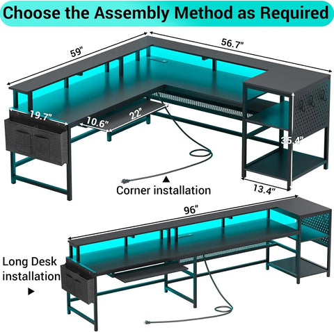 L Shaped Gaming Desk, Reversible Computer Desk, Gaming Desk with Power Outlets & LED Strip, Black