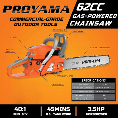 2-Cycle Gas Powered Chainsaw, 22 Inch 18 Inch Handheld Cordless Petrol Chain Saw for Tree Wood Cutting