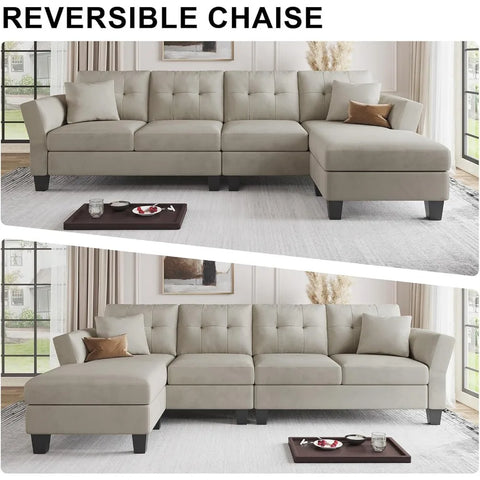 Convertible Sectional Couch Velvet L Shaped Sofa 4 Seat Sofa with Chaise L-Shaped Couches Reversible Sectional Sofa