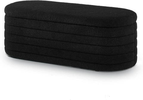 Stool, Modern Oval Storage Ottoman Bench, Upholstered Boucle Teddy Fabric End of Bed Bench with Storage, Black, Stool