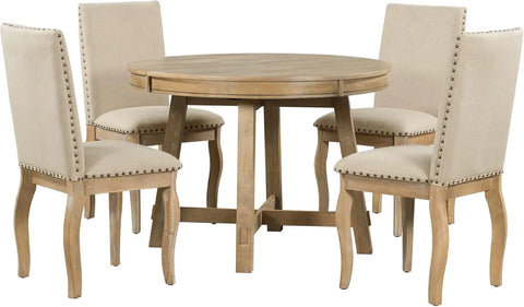 5-Piece Farmhouse Dining Table Set Wood Round Extendable Dining Table and 4 Upholstered Dining Chairs