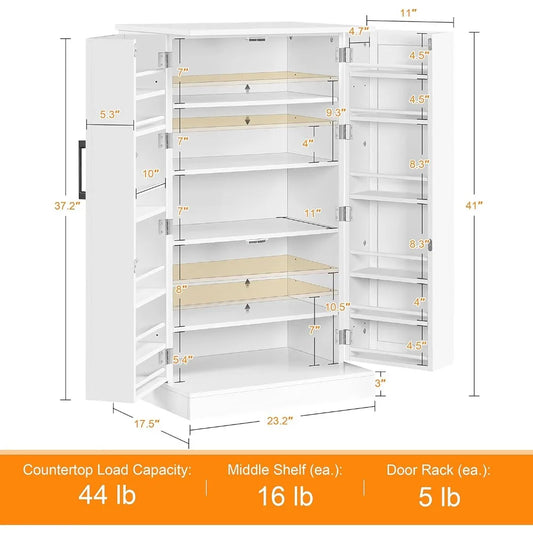 Kitchen Pantry Storage Cabinet, 41" Pantry Cabinets with Doors and 6 Adjustable Shelves, Freestanding Pantry Cupboard for