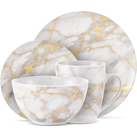 Marble Plates and Bowls Sets, Modern Kitchen 16-Piece Dinnerware Sets, Indoor and Outdoor Plates