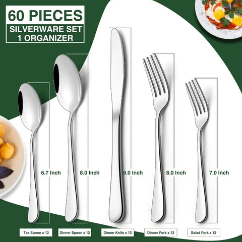 60-Piece Silverware Set with Organizer, Stainless Steel Flatware Set for 12, Cutlery Utensil Sets for Home Restaurant