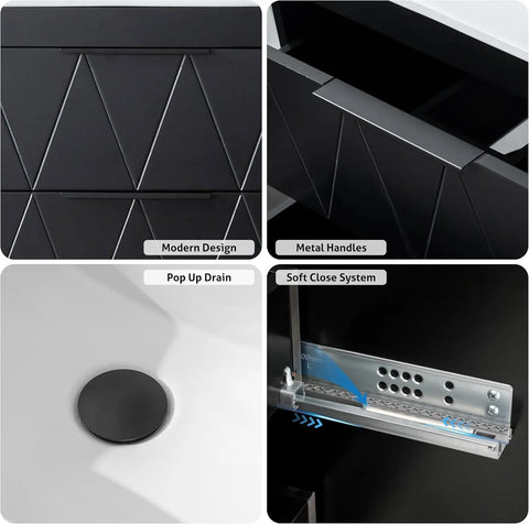 30" Bathroom Vanities Cabinet with Sink Combo, W/Decor Line, Soft-Close System, 2 Extra Big Drawers, Matte Black Faucet