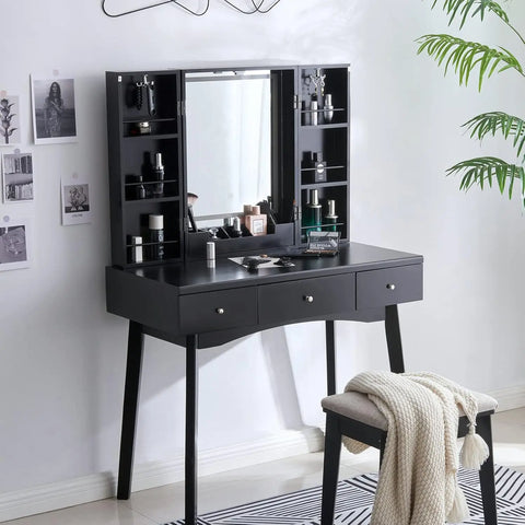 Makeup Vanity with Lights, Vanity Desk Black Vanity Set with 3 Color Lighting Modes Adjustable Brightness, Makeup Table